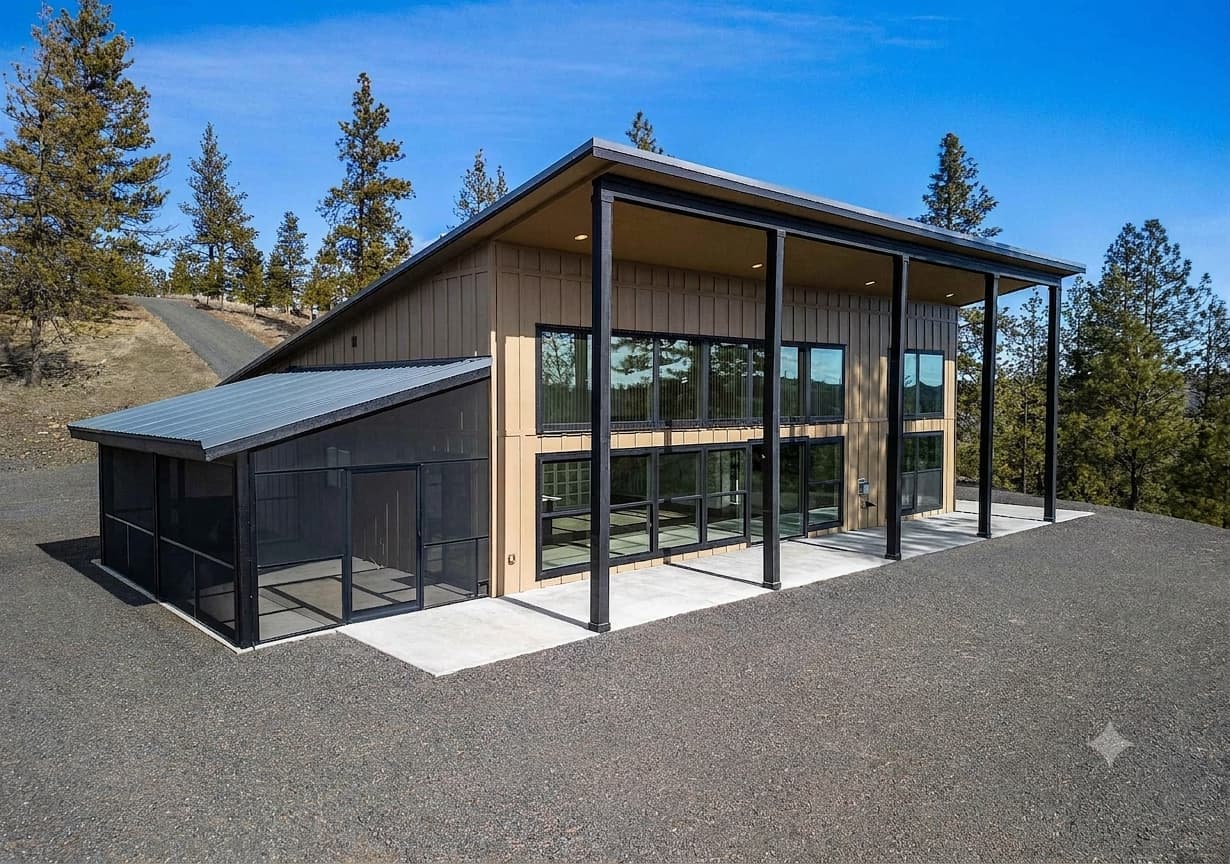 Tan board-and-batten custom home with a black shed roof, large windows, and a screened porch on a rural lot